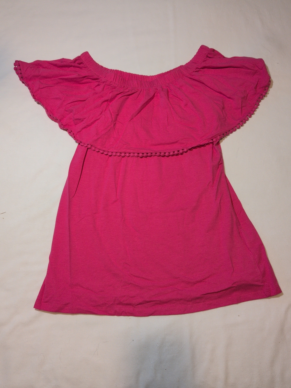 Denim&Co Hot Pink Off-Shoulder Pom Pom Trim Top